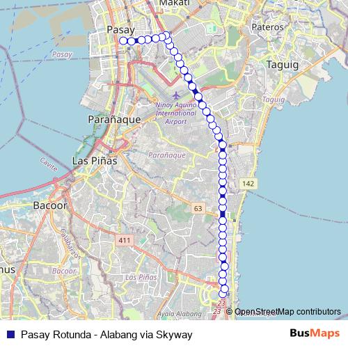 Pasay Rotunda - Alabang via Skyway bus Line Map