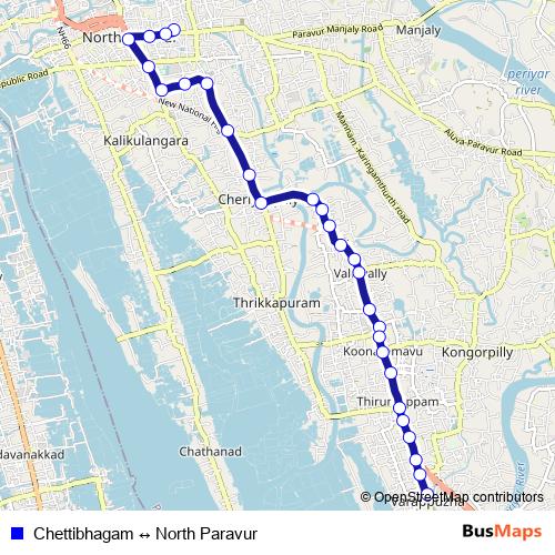 Chettibhagam ↔ North Paravur bus Line Map