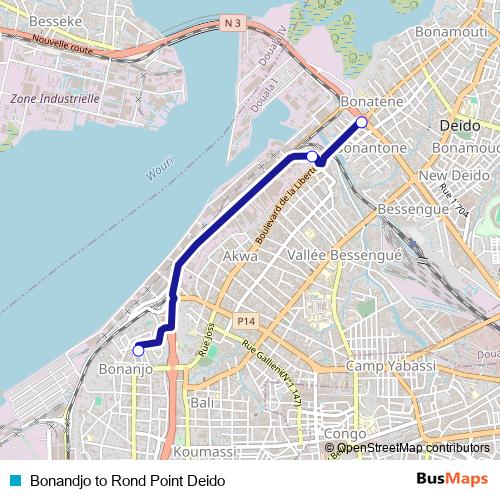 Bonandjo to Rond Point Deido bus Line Map