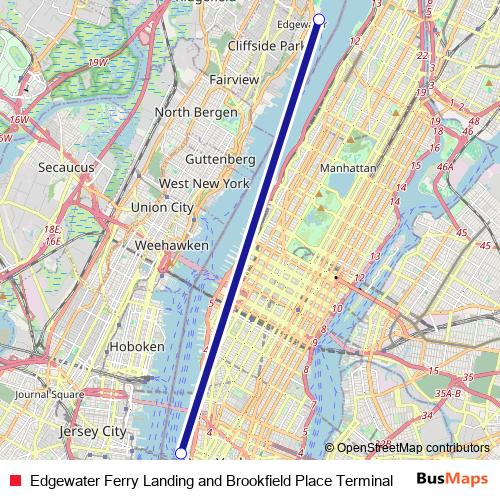 Edgewater Ferry Landing and Brookfield Place Terminal ferry Line Map