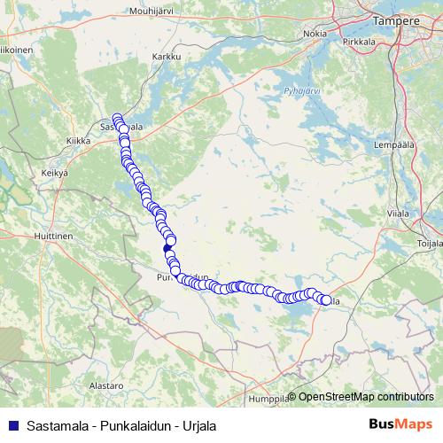 Sastamala - Punkalaidun - Urjala bus Line Map