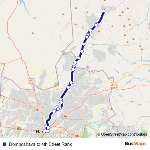 Domboshava to 4th Street Rank bus Line Map