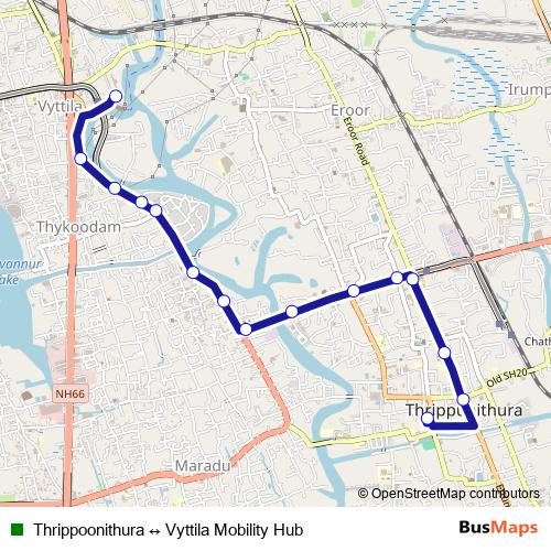 Thrippoonithura ↔ Vyttila Mobility Hub bus Line Map