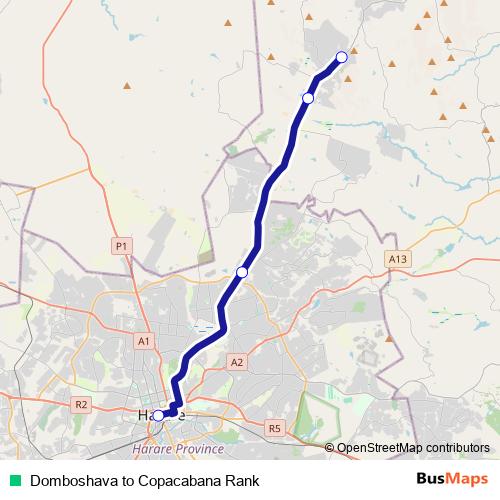 Domboshava to Copacabana Rank bus Line Map