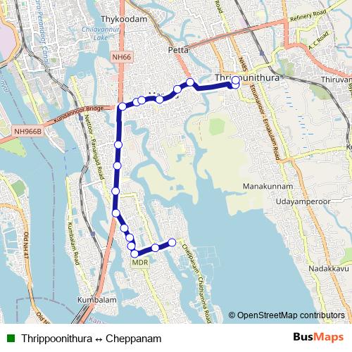 Thrippoonithura ↔ Cheppanam bus Line Map