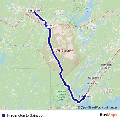Fredericton to Saint John bus Line Map