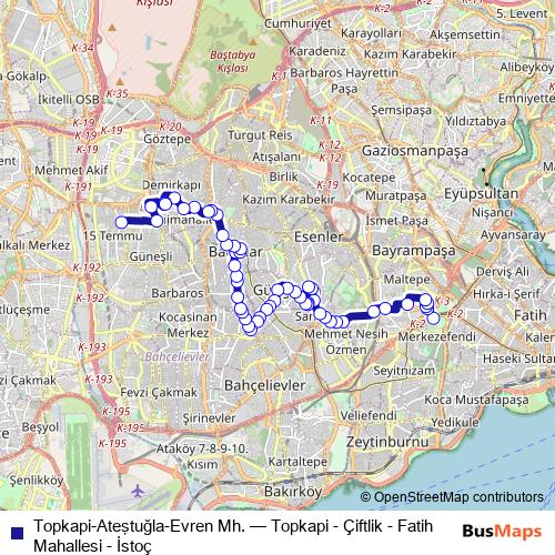 Topkapi-Ateştuğla-Evren Mh. bus Line Map