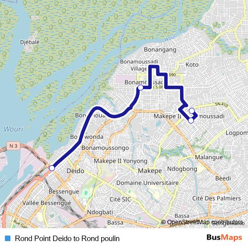 Rond Point Deido to Rond poulin bus Line Map