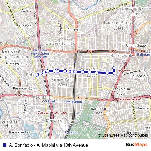A. Bonifacio - A. Mabini via 10th Avenue bus Line Map