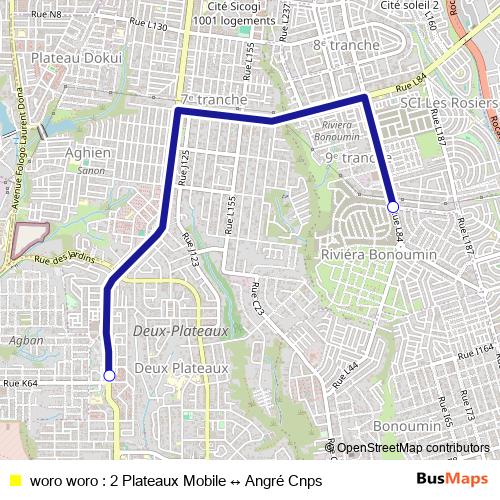 woro woro : 2 Plateaux Mobile ↔ Angré Cnps bus Line Map