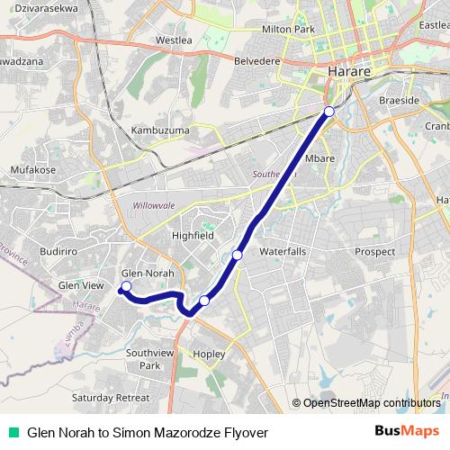 Glen Norah to Simon Mazorodze Flyover bus Line Map