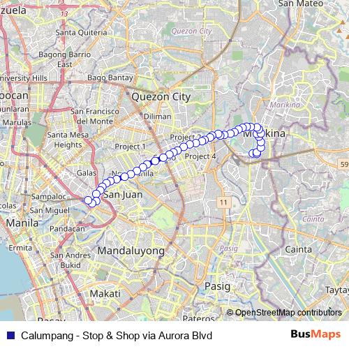 Calumpang - Stop & Shop via Aurora Blvd bus Line Map