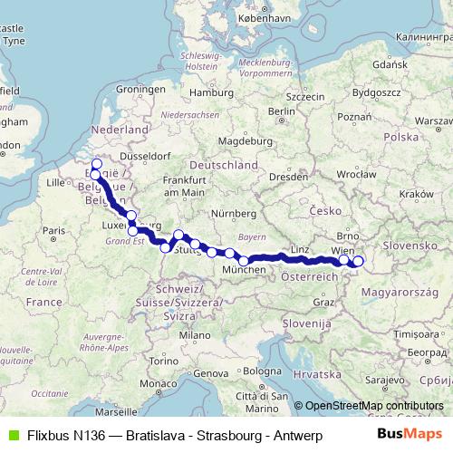 Flixbus N136 bus Line Map