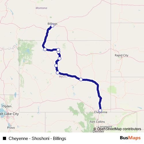 Cheyenne - Shoshoni - Billings bus Line Map