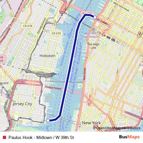 Paulus Hook - Midtown / W 39th St ferry Line Map