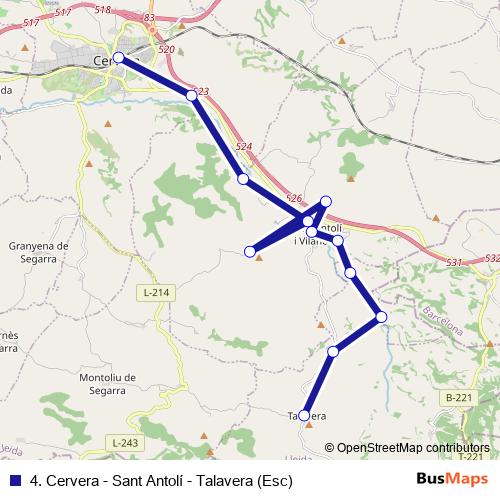 4. Cervera - Sant Antolí - Talavera (Esc) bus Line Map