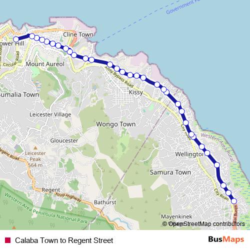 Calaba Town to Regent Street bus Line Map