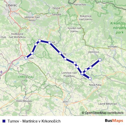 Turnov - Martinice v Krkonoších rail Line Map