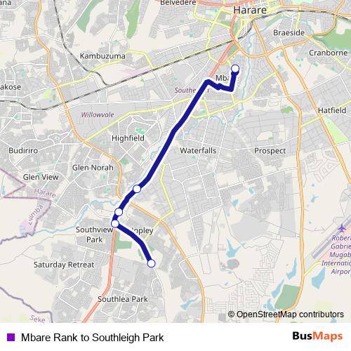Mbare Rank to Southleigh Park bus Line Map