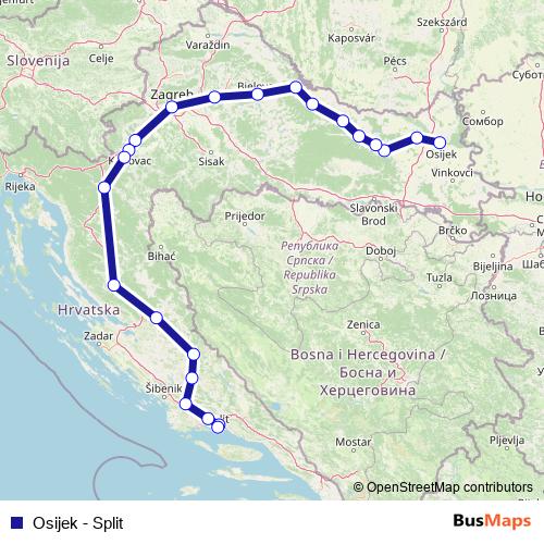 Osijek - Split rail Line Map
