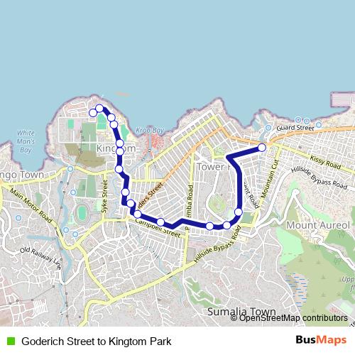 Goderich Street to Kingtom Park bus Line Map