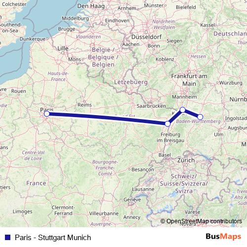 Paris - Stuttgart Munich rail Line Map