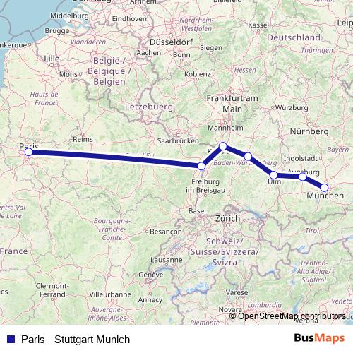 Paris - Stuttgart Munich rail Line Map