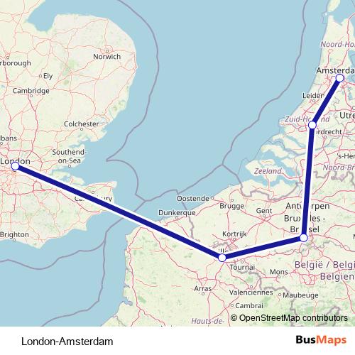 London-Amsterdam rail Line Map