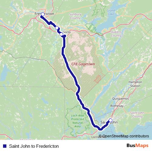 Saint John to Fredericton bus Line Map