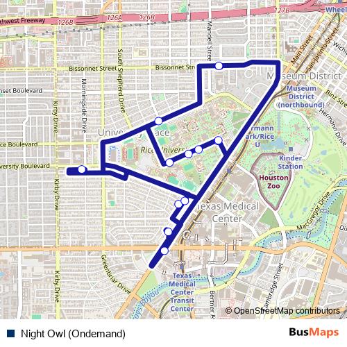 Night Owl (Ondemand) bus Line Map