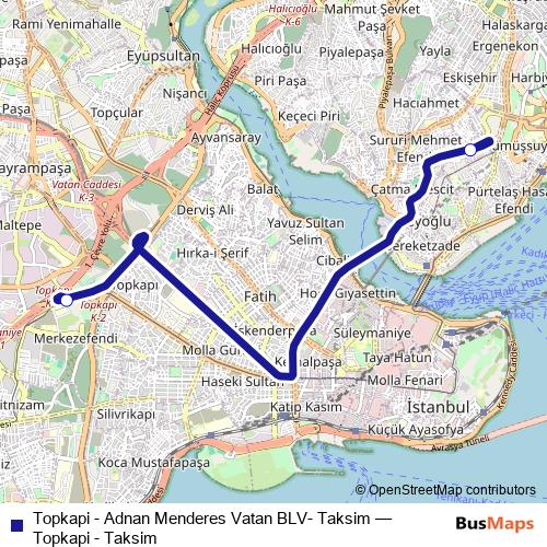 Topkapi - Adnan Menderes Vatan BLV- Taksim bus Line Map