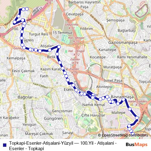 Topkapi-Esenler-Atişalani-Yüzyil bus Line Map