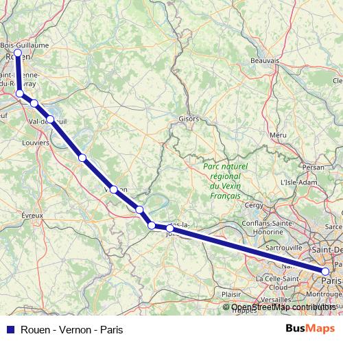 Rouen - Vernon - Paris rail Line Map