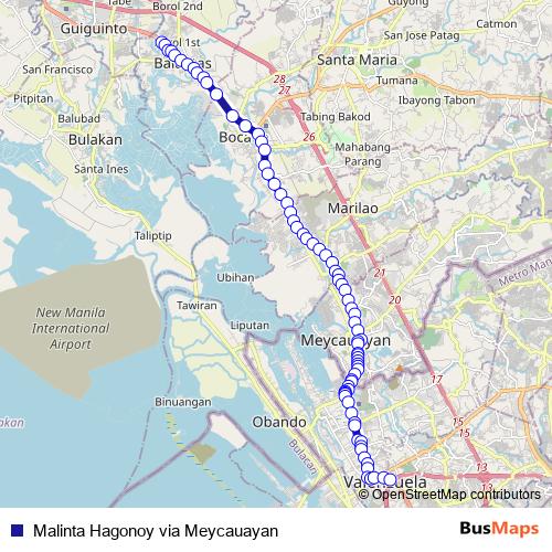 Malinta Hagonoy via Meycauayan bus Line Map