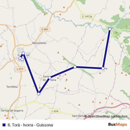 6. Torà - Ivorra - Guissona bus Line Map