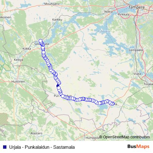 Urjala - Punkalaidun - Sastamala bus Line Map