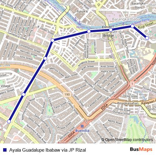 Ayala Guadalupe Ibabaw via JP Rizal bus Line Map