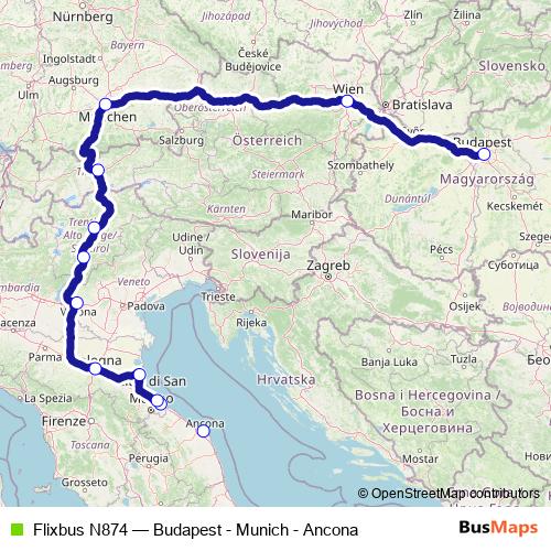 Flixbus N874 bus Line Map