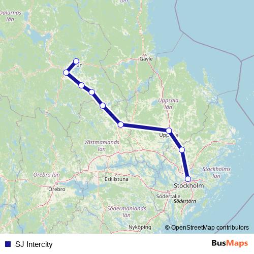SJ Intercity rail Line Map