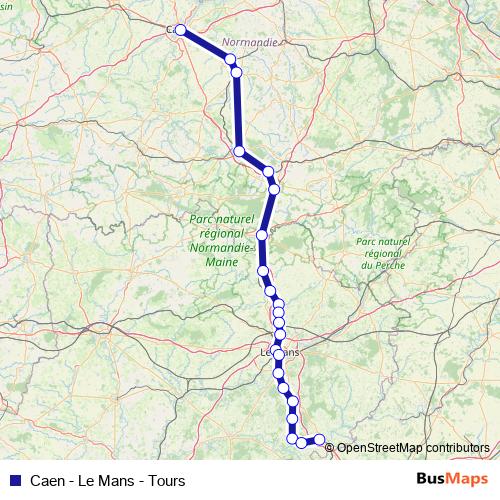 Caen - Le Mans - Tours rail Line Map