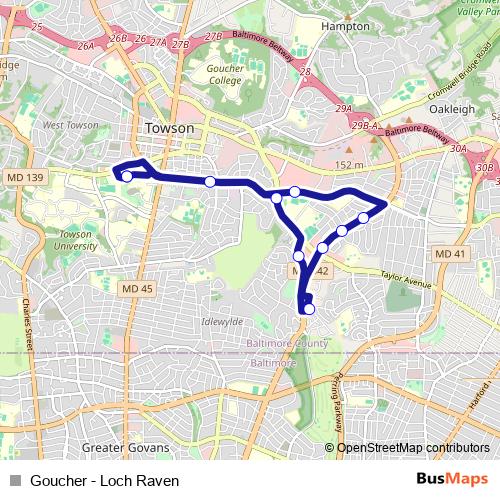 Goucher - Loch Raven bus Line Map