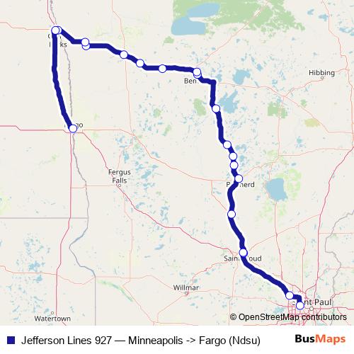 Jefferson Lines 927 bus Line Map