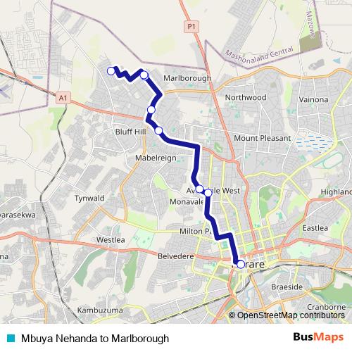 Mbuya Nehanda to Marlborough bus Line Map