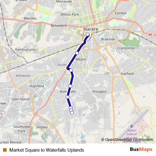 Market Square to Waterfalls Uplands bus Line Map