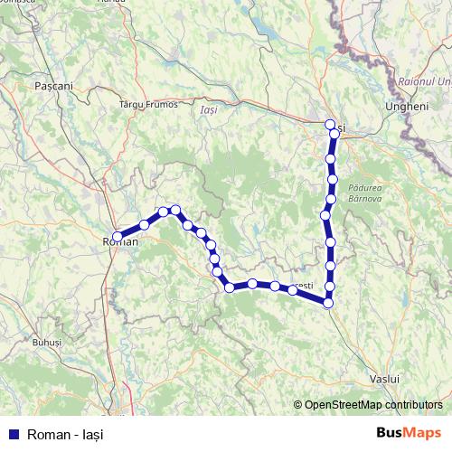 Roman - Iaşi rail Line Map
