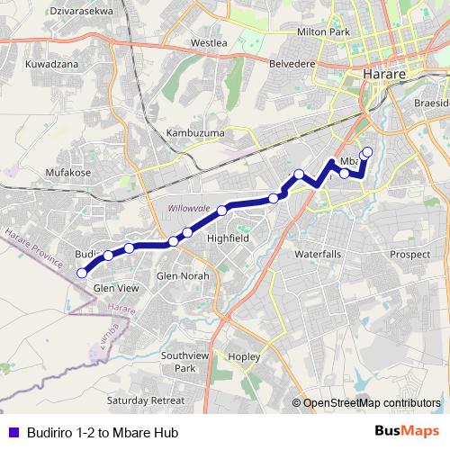 Budiriro 1-2 to Mbare Hub bus Line Map