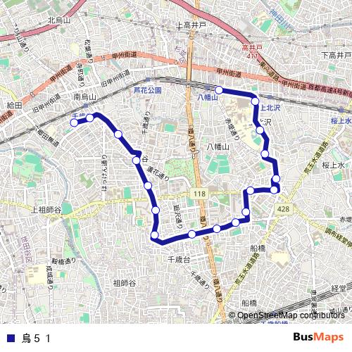 烏51 Bus, route map and schedule, Tokyo