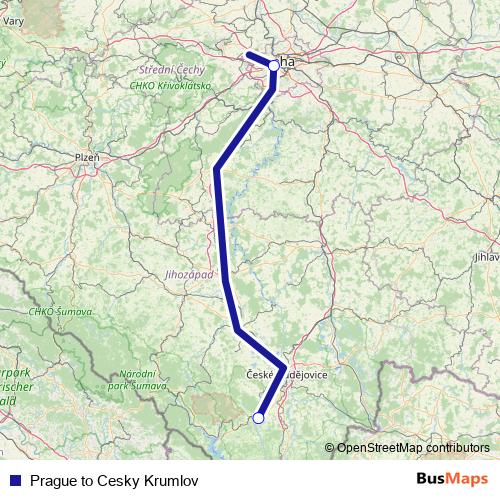 Prague to Cesky Krumlov bus Line Map