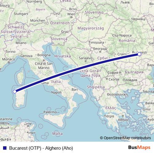 Bucarest (OTP) - Alghero (Aho) air Line Map