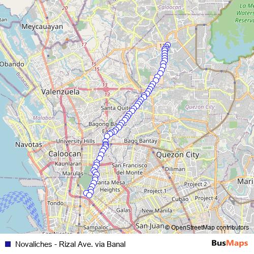 Novaliches - Rizal Ave. via Banal bus Line Map